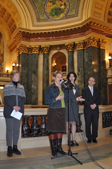 Lisa Kivirist, co-author of Homemade for Sale, speaking at the Wisconsin State Capitol at the press conference for the lawsuit arguing that the State of Wisconsin's cookie and baked goods ban is unconstitutional. Photo: John D. Ivanko