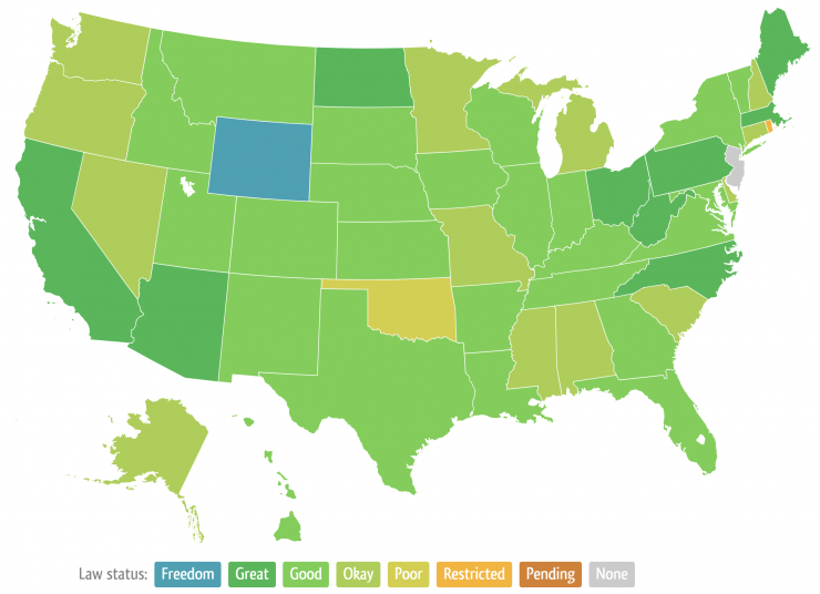Cottage food law map showing Wyoming in blue with the "freedom" label
